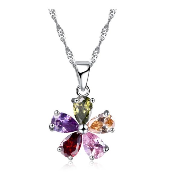 Cute Flower Multi Color 925 Sterling Silver Pendant Earrings And Necklace Set - Picture 8 of 9